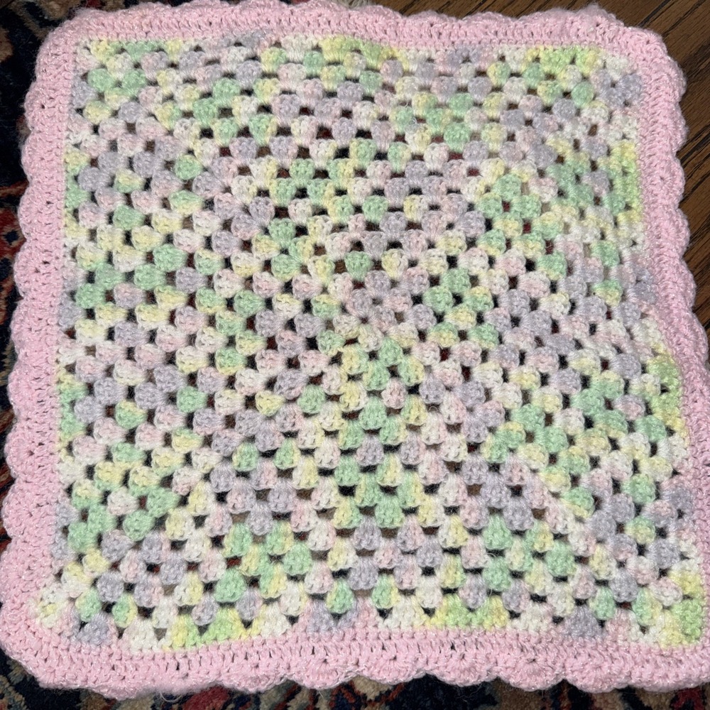 Hand Made Knit/Crochet Baby Blanket Pastel Pink Green Yellow 15"x15"‎ Square